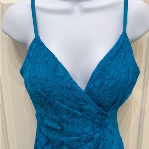Guess Teal Blue Ruched Cocktail Dress Sz 2 Silky Floral Lace Adjustable Straps - Picture 5 of 10
